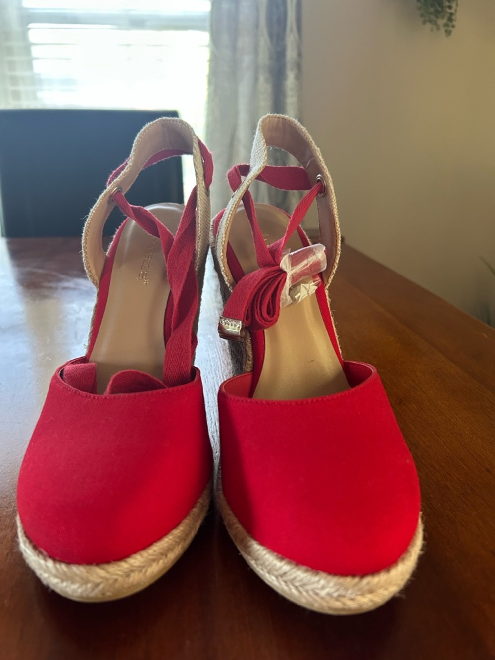 Shoe Dazzle Red Espadrille Wedge Sandals with Ankle Tie
